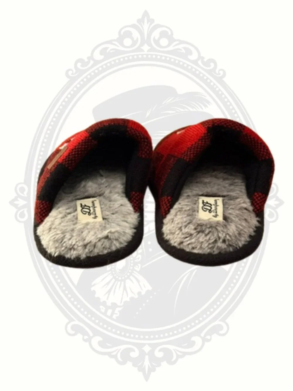 🐻Dearfoams Lil Bear Buffalo Plaid Plush House Slippers Kids US 11-12 Red Black